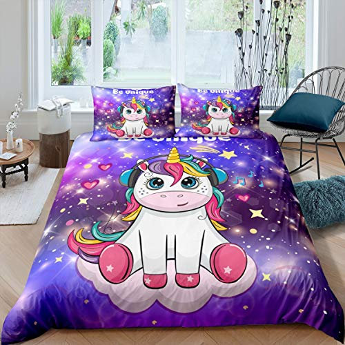 Tbrand Kinder Bettwäsche Set Nettes Einhorn Bettbezug Set 135x200cm Mädchen Teen Betten Set Schöne Karikatur Einhorn Bettwäsche Einhorn Mit Musik Kopfhörer Gedrucktes Dekor Galaxy Stars Lila