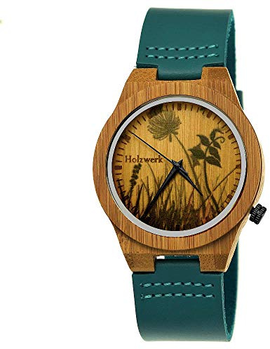 Holzwerk Germany Handgefertigte Designer Damen Uhr Herren Öko Natur Holz Leder Armband-Uhr Save The Trees Analog Holzuhr Quarz Braun Blau Türkis Blumen Blümchen Natur Motiv