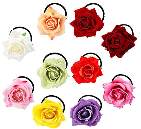 Bunte handgefertigte Rosen-Haarschleife, Kranz, Girlande, elastisch, dehnbar, dekorative Haargummis, Pferdeschwanz-Halter, Hochzeit, Brautparty, Frisuren, 10 Stück