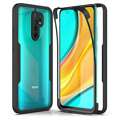 AICEK Compatible con Xiaomi Redmi 9 Funda, 360 Grados Full Body Fundas para Redmi 9 Bumper Case con Protector de Pantalla Antigolpes Carcasa Negro