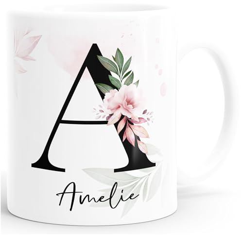 SpecialMe® Kaffee-Tasse mit Buchstabe Monogramm personalisiert mit Namen Initiale Blumen-Motiv persönliche Geschenke Weiss Keramik-Tasse