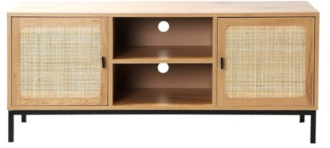 Calicosy - Meuble TV 2 Portes 2 Niches - Cannage Rotin - Décor Bois - Panneaux De Particules - Structure Métal - 4 Rangements - Salon Ou Chambre - Style Industriel Et Naturel - L 120 x P 39 x H 51 cm
