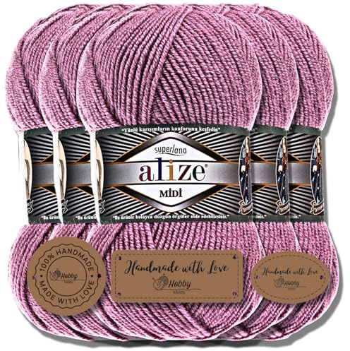 Hobby YARN 3x Etikettenlabel mit Alize Superlana Midi Wolle Premium 5x100g als Set, Yarn, Garn, Strickgarn, Einfarbig, Baby, zum Häkeln, Stricken, Kleidung, Schals (Rose | 28)
