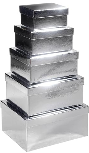 Deco Woerner Geschenkboxen-Set mit Deckel 5 Stück Silber glänzend von 16 x 6 x 12 cm bis 19 x 10 x 22 cm (B x H x L) Geschenkverpackung Aufbewahrung