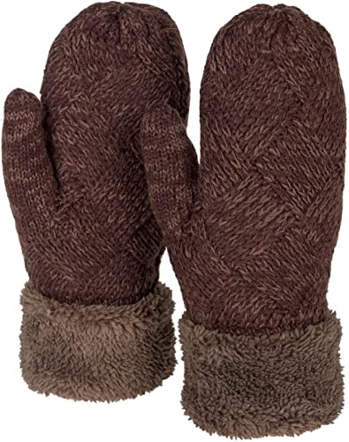 styleBREAKER Damen warme Winter Strick Fäustlinge, Handschuhe mit Rauten Muster, Thermo Fleece, Strickhandschuhe 09010031, Farbe:Dunkelbraun