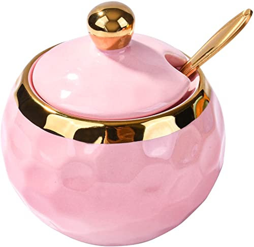 Azucarero de cerámica, forma de golf, azucarero de cerámica con tapa y cuchara dorada para el hogar y la cocina (blanco) (rosa)