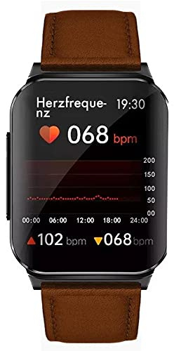 Knauermann Pro 2 Plus (2023) Schwarz - Gesundheitsuhr Smartwatch - OSRAM Sensoren - Brustkorb EKG + HRV Funktion - BT Bluetooth - Schlafapnoe - Blutdruck - Wildlederfaserband Braun, 14-25