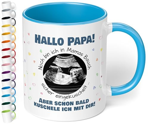 Werdender Papa Tasse Idee Schwangerschaft Verkünden – Keramiktasse mit Ultraschallbild personalisiert „Hallo Papa! Noch bin ich in Mamas Bauch“ – Geschenk Vater Baby Ultraschall-Bild (Hellblau)