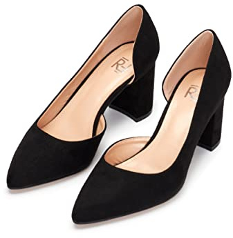 Rio Fiore Damen Pumps - Schwarz, 7 cm Blockabsatz, Normal/Schmal, Wildlederimitat, Bequeme Pumps mit Spitzem Zeh, Y9610-1H-5 (Schwarz Microfiber, 37 EU)