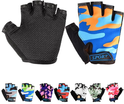 Mecmbj Kind Halb Finger Fahrradhandschuhe, Kinder Sport Handschuhe, rutschfeste Kindersporthandschuhe, zum Radfahren, Bootfahren, Yoga, Skaten, Kletter，blau+gelb(Anwendbare Personen: 6-12 Jahre)