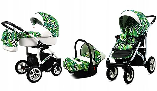 BabyLux® Kinderwagen Set 3 in 1 - Tropical - incl. Babywanne, Buggy Sportsitz, Auto-Babyschale - Autositz - Kinderwagenset - Kombikinderwagen mit Wickeltasche, Regenschutz usw.