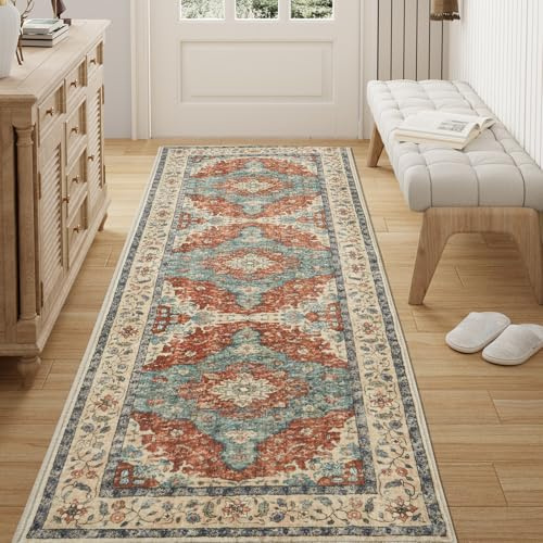 Topllen Runner Rug - 2'6x8'Boho Washable Kitchen Rug, Non-Slip Soft Low Pile Rugs Indoor for Hallway Hall Living Room Bedroom Sunroom, Vintage Throw Stair Carpet Stain Resistance (Rust, 2.5x8ft)