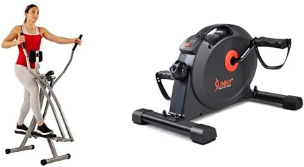 Sunny Health & Fitness Elliptical Cross Trainer w/LCD Monitor, Air Walker Exercise Machines + Under Desk Dual Function Smart Mini Arm & Leg Pedal Exerciser Cycle Bikes with SunnyFit App