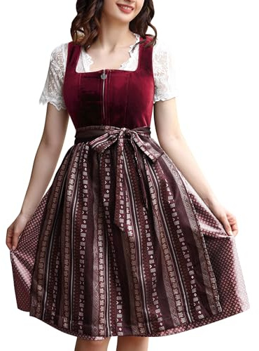 KOJOOIN sammet Dirndl för kvinnor, midi, traditionell klänning, set 3 delar med traditionell kjol, dirndlblus, dirndlförkläde för oktoberfest, sammet vinröd, 36