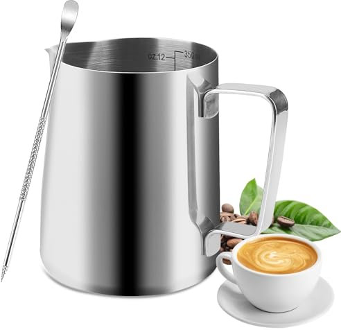 Hisdricus Milchkännchen Edelstahl, 350 ml, Barista Milchkännchen, Milchkanne mit Messung Mark und Barista Zubehör Latte Art Pen für Cappuccino und Latté,Espresso,Silber
