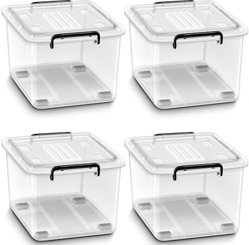 tillvex® Aufbewahrungsboxen mit Deckel 4er Set - 27 Liter, lebensmittelecht | Kunststoff Boxen Set stapelbar | Aufbewahrung Ordnungssystem Plastik-Box groß | Aufbewahrungsbox Kleiderboxen transparent