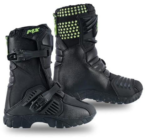 Speed MaxX Kids Black/Hiviz Real Leather Off - Road Motorbike/Motocross/Motorcycle Cubs Mx Sports Shoes/Boots (UK Footwear Size System, Big Kid, Men, Numeric, Medium, 4)