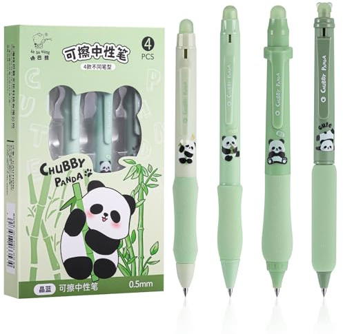JIANTA Radierbarer Kugelschreiber Blau, 4 Stück Tintenroller radierbar, Süße Radierbare Stifte 0.5MM Set, Schreibkomfort Radierstifte Gelstifte für Büro Schule - Panda