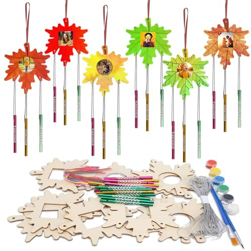 WEDNOK 12 Stück Ahornblatt Bilderrahmen Windspiel Bastelset Ahornhornblatt Basteln Kinder Holz Herbst Bastelhandwerk zum Bemalen Herbstblatt Kreativsets für Mädchen Junge Herbstszeit Harvest Festival