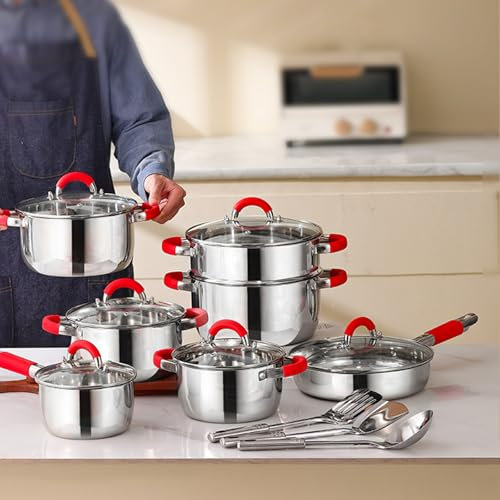 NISHISHUAIGE Juego De Cacerolas De Acero Inoxidable De 16 Piezas Juego De Ollas Y Sartenes De Inducción con Tapa De Vapor Y Vidrio Baterías De Cocina Induccion para Todo Tipo De Cocinas Y Horno