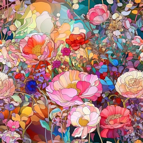 REDAMANCY Colorful Flowers Pink/Yellow/Red Glass Stained Peel and Stick Wallpaper Stick on Contact Paper Vintage Wall Paper Easy Peel Off for nightstand Drawer Cabinet Renter