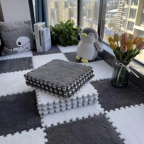 30 * 30cm ineinander greifende Teppichfliesen, Puzzle-Teppichquadrate, Schaumstoffmatten for Schlafzimmer und Wohnzimmer(Grey and White)