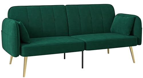 HOMCOM Canapé Convertible 2 Places canapé-lit canapé clic-clac en Tissu Velours avec Dossier réglable et Coussins pour Salon, Chambre d'amis, Vert foncé