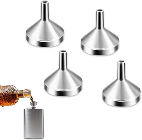 Lollanda 4Pcs Hip Flask Funnels Aluminum, Small Funnels Metal, Mini Funnel for Filling Bottles Containers, Filling Funnel for Perfume Essential Oils Kitchen Use (Silver, 4Pcs)
