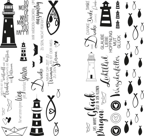 Rayher Transferfolie Fische, Leuchtturm & Co., Übertragungsfolie, verschiedene Designs, 2 Bogen mit Motiven und Texten, zum Übertragen auf Kerzen und glatte Gegenstände, 31654000