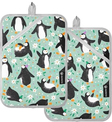 Set di 2 presine verdi con pinguini alla moda, per forno da cucina, con tasche, resistenti al calore, per barbecue