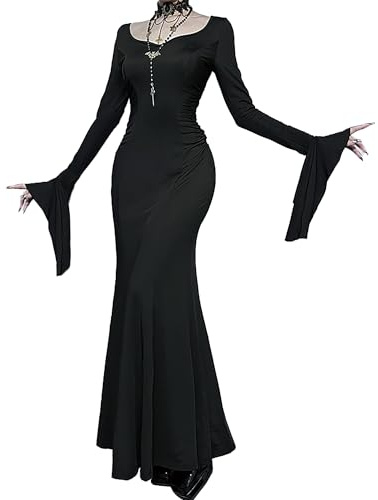 DINGJIUYAN Gothic Maxi Dresses for Women Bat Sleeve Fishtail Slim Fit Goth Dress Halloween Long Dress