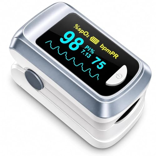 Healthtree JKS50B Oxymètre de Pouls au Doigt, Moniteur de Saturation en Oxygène (SpO2) et Fréquence Cardiaque avec PI, Lecture Rapide 5-8s, Écran OLED, pour Maison Sport Voyage, Inclut Piles et Cordon