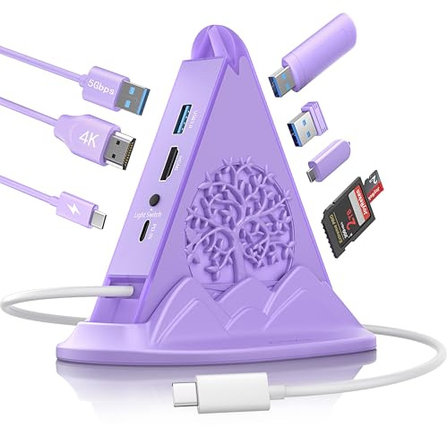 JoyReken USB C Hub, Purple 8-in-1 Type C Multiport Adapter with 4K@60Hz HDMI, 100W PD, 5Gbps 1xUSB-C, 3xUSB-A 3.0, SD/TF Slots ＆ RGB Lighting, Purple USB Hub for MacBook Air/Pro, iPad, iMac, Surface