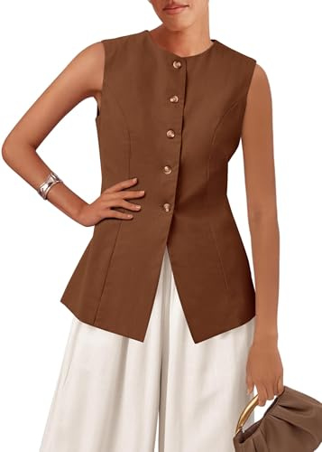 KIRUNDO Vest Tops for Women Trendy Dressy Business Casual Outfits 2026 Summer Sleeveless Fitted Blazer Work Suit Waistcoat(Brown, Medium)