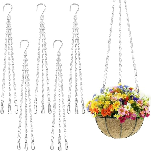 5 Pack Hanging Basket Chains, 16 Heavy Duty Metal Hanging Basket Chains 3 Point, Adjustable Chains for Hanging Baskets with 3 Clip Hooks, Super Load-Bearing, Galvanised No Rust for Years of Use