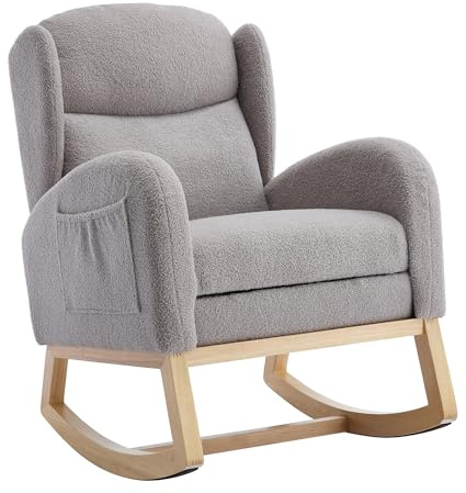 WEALTHKING Ergonomischer Stillstuhl Schaukelstuhl mit extra hoher Rückenlehne, weichem Teddy‑Bezug, klappbarem Fußteil, seitlicher Tasche, massivem Holzrahmen, für Wohnzimmer, Schlafzimmer (Grau)