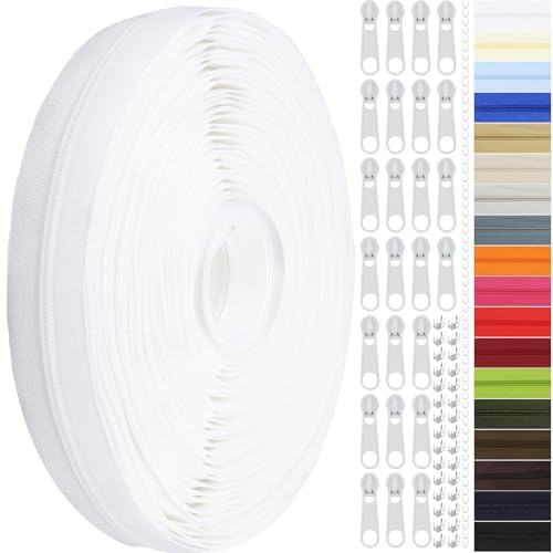 Endlos Reissverschluss mit Zipper, 3mm 11m Nylon Endlosreißverschluss Meterware und 25 Zipper aus Metall für Kleidung Tasche Mäppchen Bettwäsche (Weiß, #3)