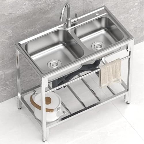 Lavello professionale in acciaio inox con rubinetto, autoportante, doppia vasca, con miscelatore caldo e freddo, per ristorante, cucina, catering, macelleria, lavanderia