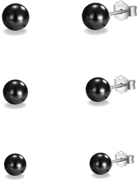 HinDaLi 3 Paires Noires Agate Boucles d'oreilles Argent 925 pour Femme Homme Fille Clous d'oreilles Argent Rondes Boucles d'oreilles Boules Petite Boucle d Oreille Femme Rondes Boules