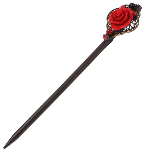IMIKEYA Forcella retrò in legno capelli di medie dimensioni design rosa rossa accessorio classico per acconciature tradizionali adatto per feste di sessioni fotografiche e cerimonie