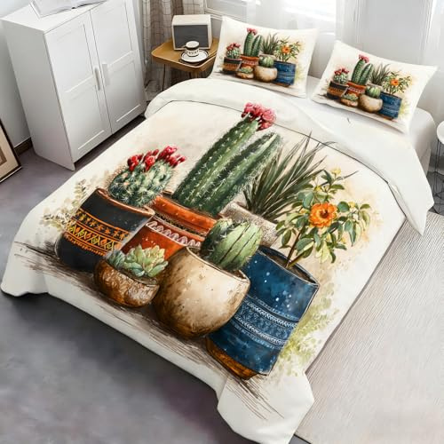 Cactus Potted Plant Duvet Cover Queen 230x220 cm Quilt Covers with 2 Pillowcases, Rustic Pattern Bedding Set, Nordic Style Bedroom Duvet Cover with Zipper Ties
