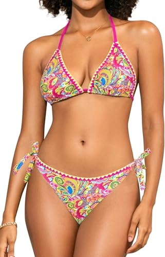 SHEKINI Damen Triangel Schnürschuh Bikini Set Badeanzug Rückenfrei Strandkleidung Boho Bedruckter Zweiteiliger Bademode