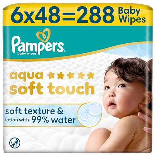 Pampers Aqua Soft Touch Baby-Feuchttücher, 6x48 (288 Stück) | weiche Textur & Lotion mit 99% Wasser