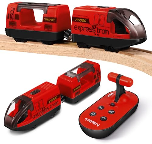 WGIDSKKI Elektrisches Zugspielzeug, Kompatibel mit Thomas, Brio, Motorisierter Zug Fernbedienung Holzeisenbahn Zug (Magnetanschluss), Eisenbahn Elektrische lok mit 4 Sound- und Lichteffekten (Rot)
