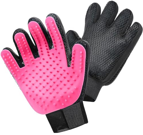 HUZNA Guante para Mascotas Pack de 2 Izquierda y Derecha, Cepillo para Quitar Pelo de Perros y Gatos, Manopla de Masaje Suave de PVC para Aseo y Baño, Color Rosa Fucsia