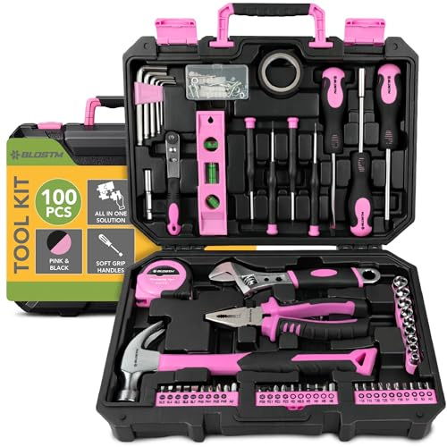 BLOSTM 100 Piece Pink Tool Kit - Home Tool Set with Essential Hand Tools | Portable Plastic Tool Box with Hammer, Pliers, Screwdrivers, Hex Keys & More - for DIY Projects, Household Repairs