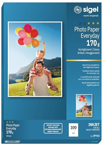 SIGEL InkJet Fotopapier A4 170 g hochglänzend 100 Blatt | IP715, Sofort trocken, wischfest und mit hoher Detailschärfe