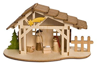 Drechslerei Kuhnert - Hobaku Bastelset - Krippenstall mit heilliger Familie - aus Holz zum Zusammenbauen - Made in Germany