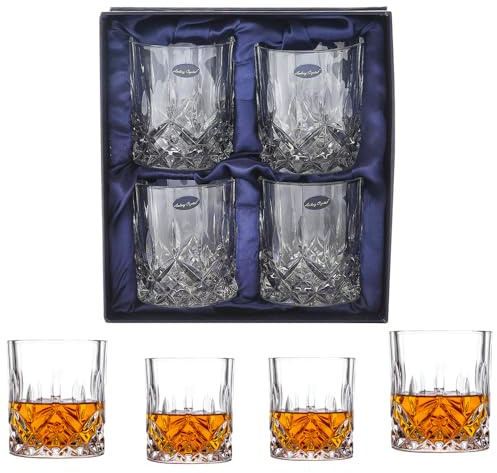Amlong Verre à whisky en cristal sans plomb Double style classique et élégant Idéal pour les verres à scotch, bourbon, cognac et cocktail, 255,1 g, lot de 4 avec boîte cadeau