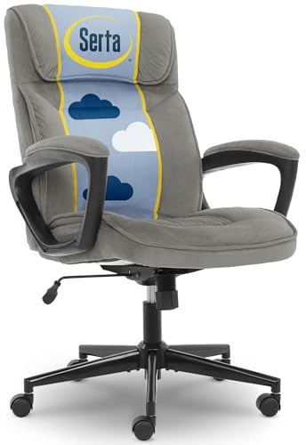 Serta Hannah Executive Home Office Desk Chair, Ergonomic Mid-Back with Lumbar Support, Firm Seat Cushion, Layered Body Pillows, Padded Armrests, Swivel Base, Easy Assembly, Microfiber, Black/Grey
